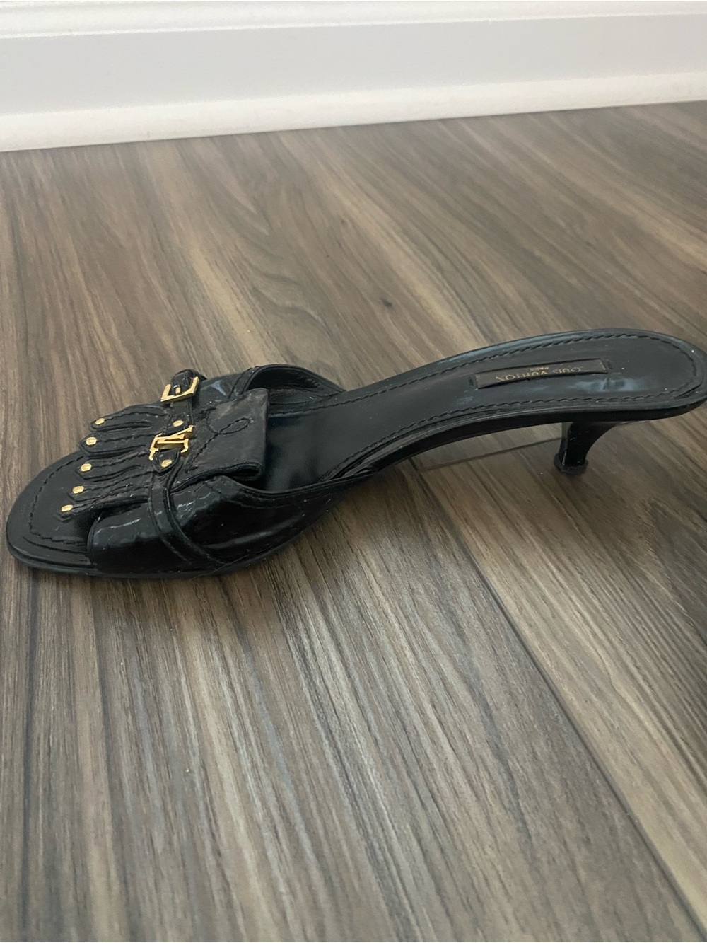 Louis Vuitton Black Patent Leather Fringe Mules with Gold Hardware - Picture 2 of 4
